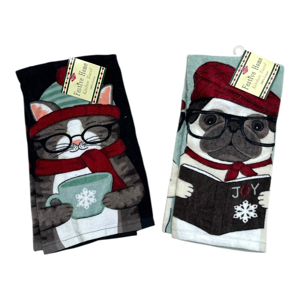 Ritz Festive Home Bundle Cat and Dog Christmas Winter Holiday Kitchen Towels